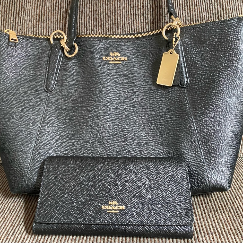 Coach Black Leather Tote Bag with Gold Accents